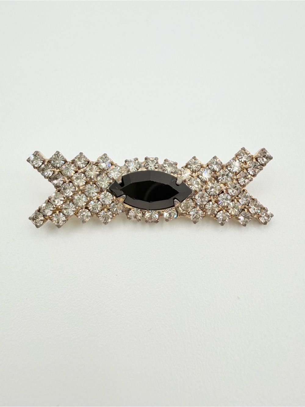 Vintage Black Navette Rhinestone Bar Brooch Silver Tone